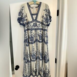Ivory and Blue Embroidered Long Dress